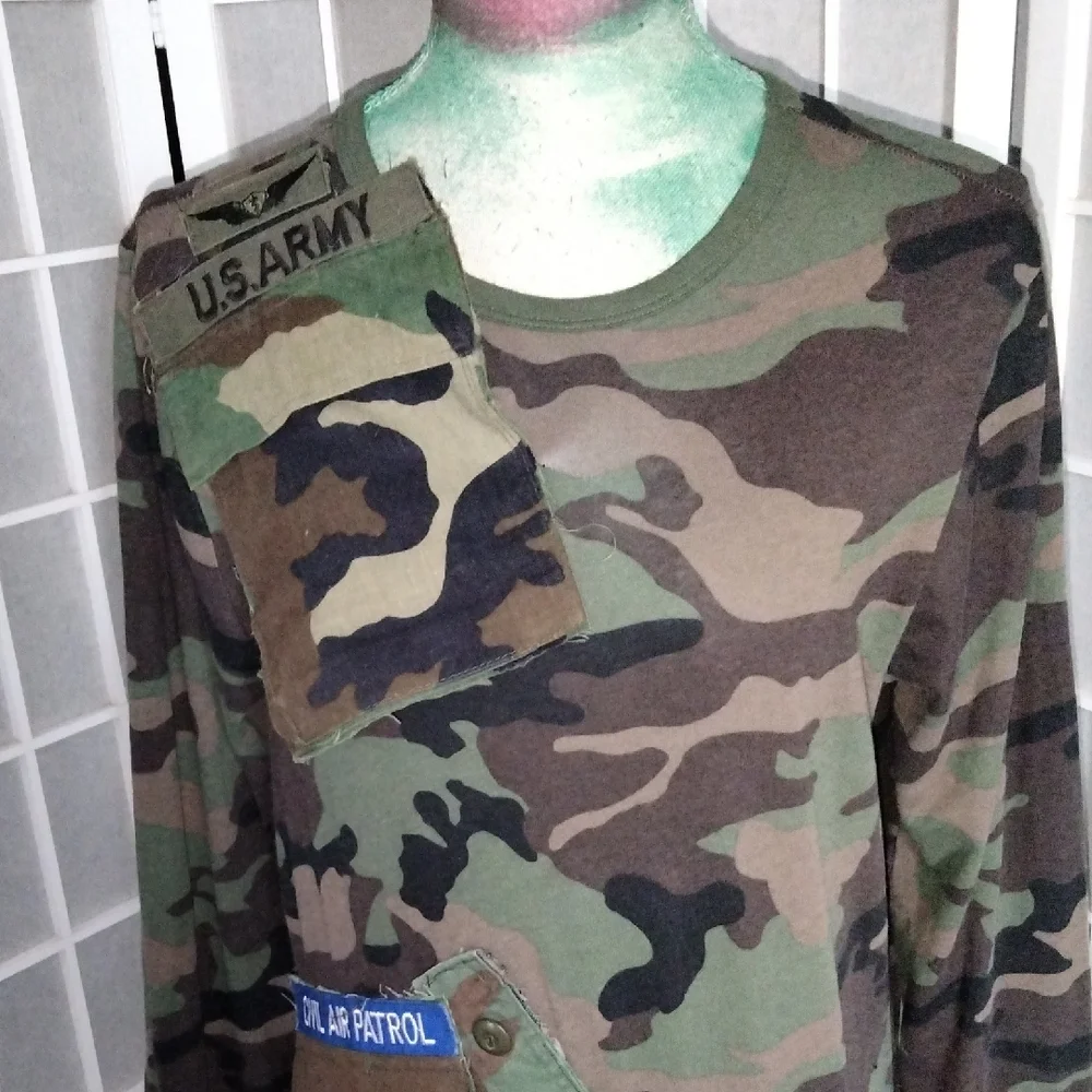 Upcycle / Refurbished Camouflage Asymmetrical Long Sleeve Maxi Dress - Picture 7 of 16